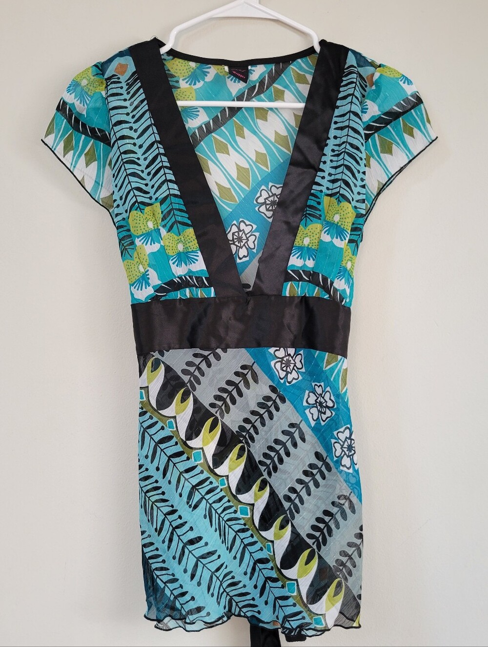VTG Wrapper Sheer Teal Babydoll Y2K Tie Top Women Size M Artsy Maximal
